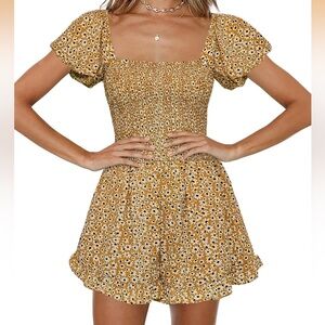 Smocked Square Neck Floral Romper